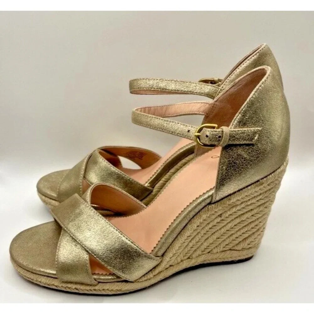 J Crew Espadrille Womens Size US 8.5 Gold Leather Wedge Sandals NWOB